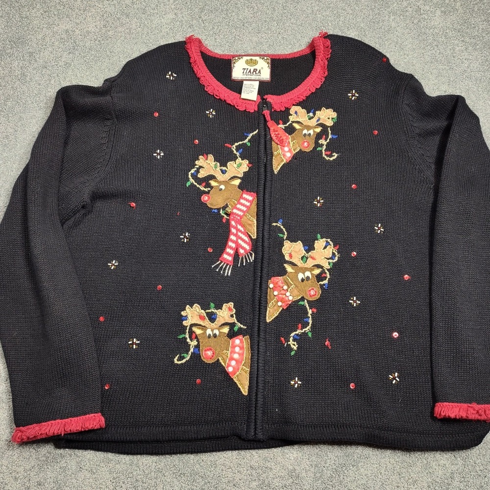 Tiara Christmas Holiday Cardigan Sweater Zip Up 2003 Reindeer Black Women XL P